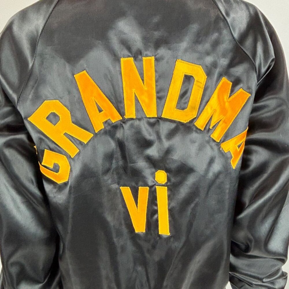 Vintage 80s Satin Bomber Women's Small Grandma VI Lettered Black Button Up Jacke - Picture 3 of 11